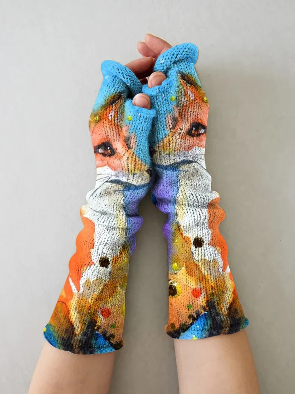 Fox print vintage knit fingerless gloves