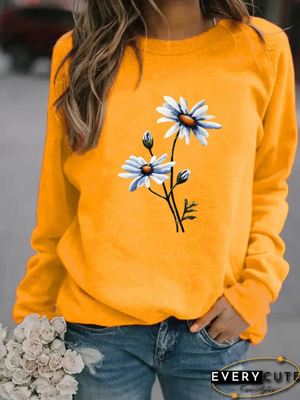 Womens Fashion Spring and Autumn Clothing Flower Print Casual Sweatshirt Long Sleeve