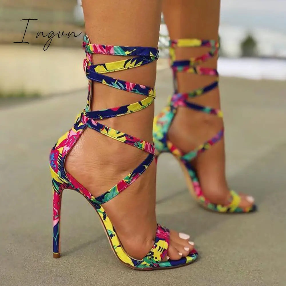 Ingvn - Lace-Up Closure Single Sole Heels Multicolor / 5