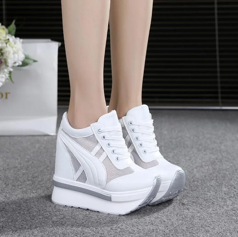 NEW Brand Women Mesh Platform Sneakers Trainers White Shoes 10CM High Heels Wedges Outdoor Shoes Breathable Casual Shoes Woman