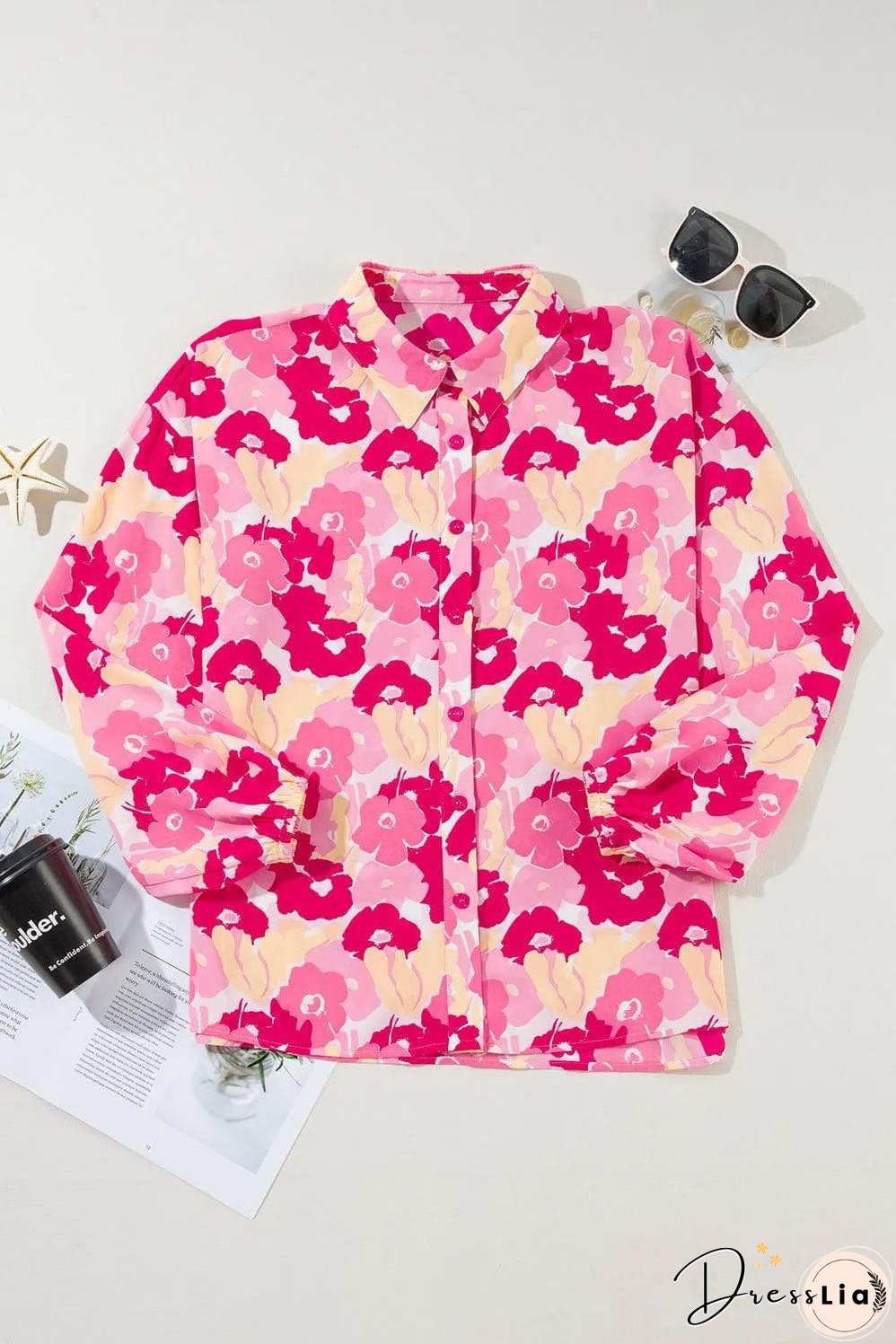 Pink Blooming Floral Print Puff Sleeve Buttoned Shirt
