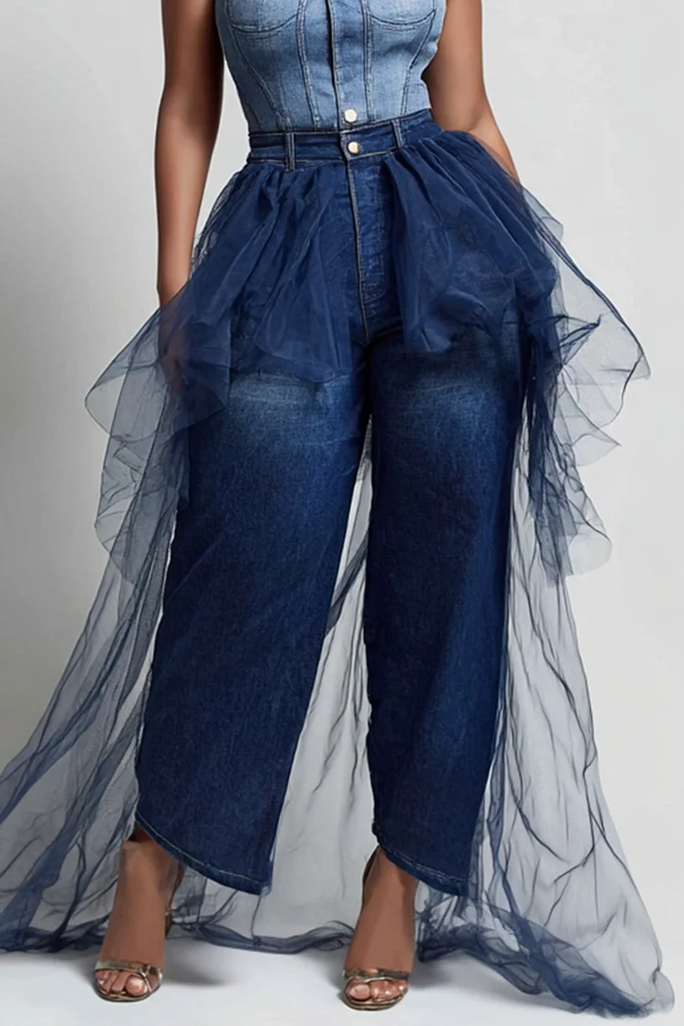 Xpluswear Design Plus Size Festival Blue With Skirt Overlay Casual Ruffle Tulle Denim Jeans [Pre-Order]