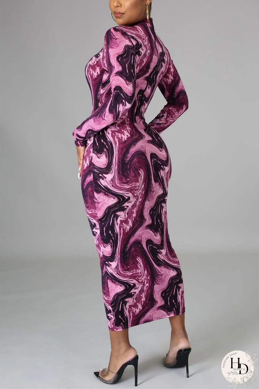 Red Fashion Casual Print Basic Half A Turtleneck Pencil Dresses