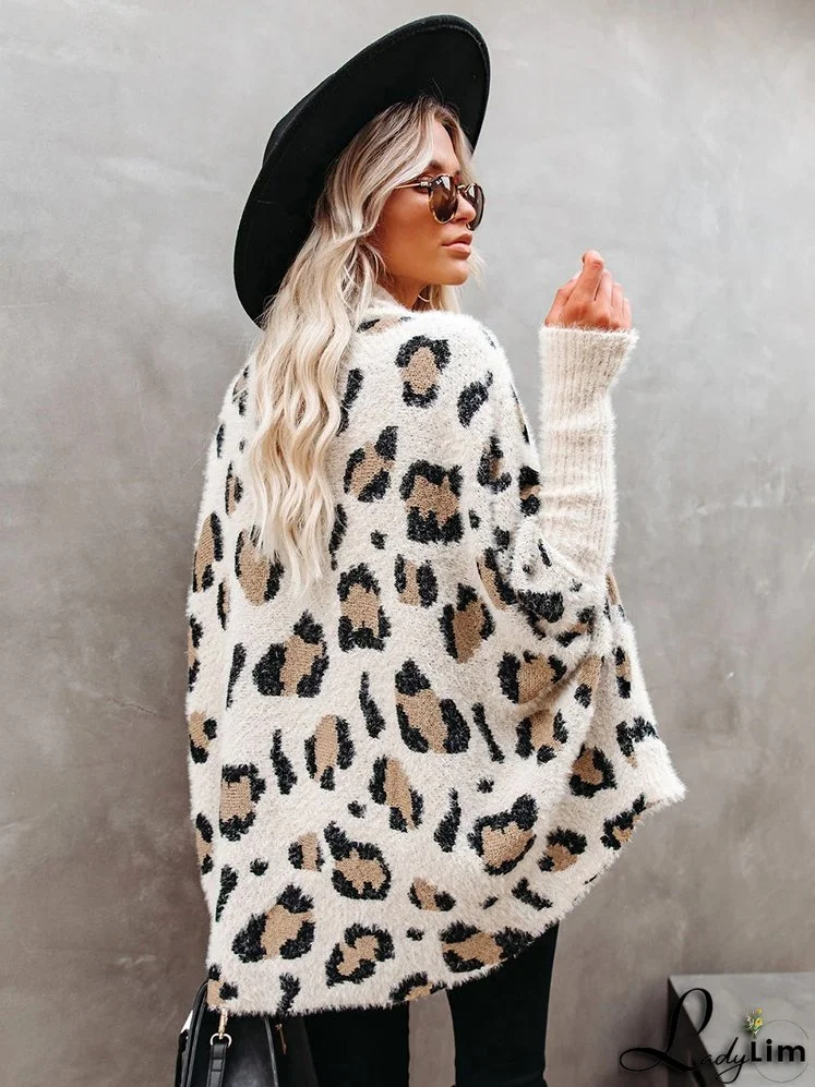 Trendy Leopard Print Bohemian Slim Dolman Sleeve Oversized Sweater Cardigan
