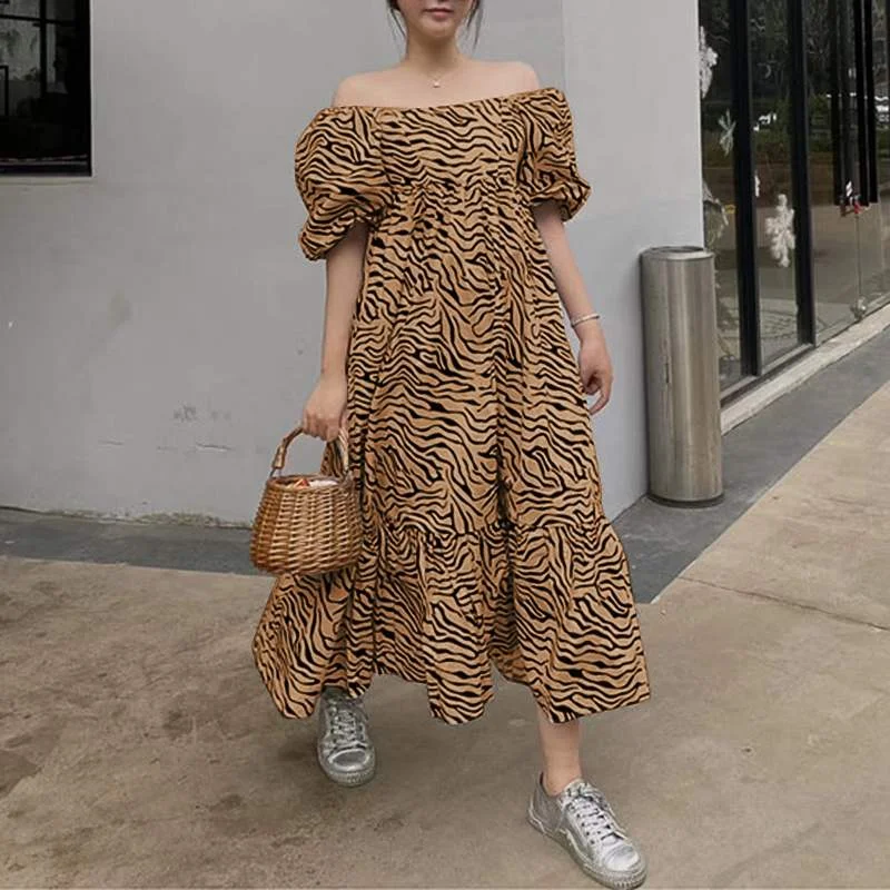 ZANZEA Zebra Print Dresses Female Summer Ruffle Midi Robe Casual Korean Puff Sleeve Vestido Women 2021 Summer Off Shoulder Dress