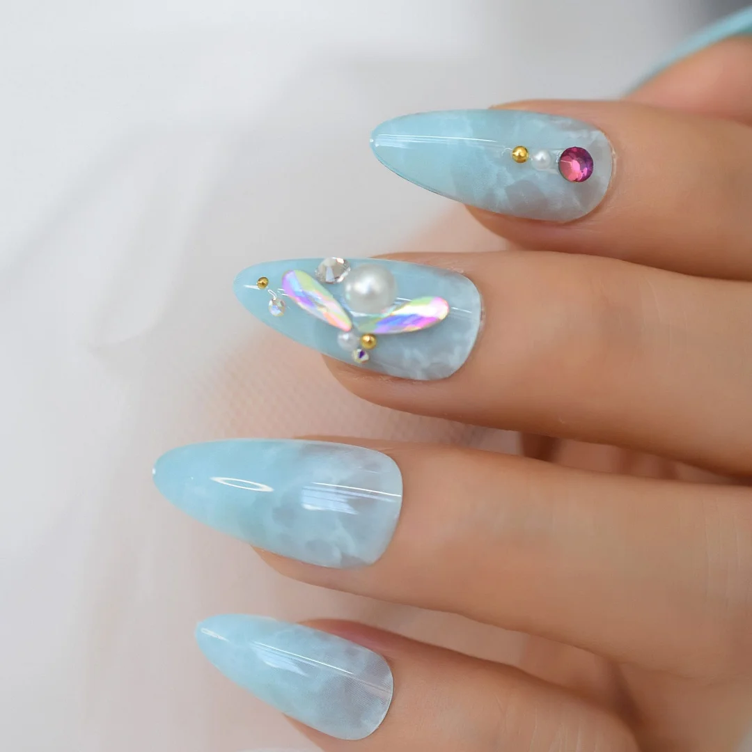 Ice Blue 3D Luxury Press On Nails Pearl Rhinestone Wings Bling False Almond Fake Nails Set Unique Designs For Women Girls