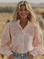 Women's Retro Pink Floral Pattern Long Sleeve Shirt
