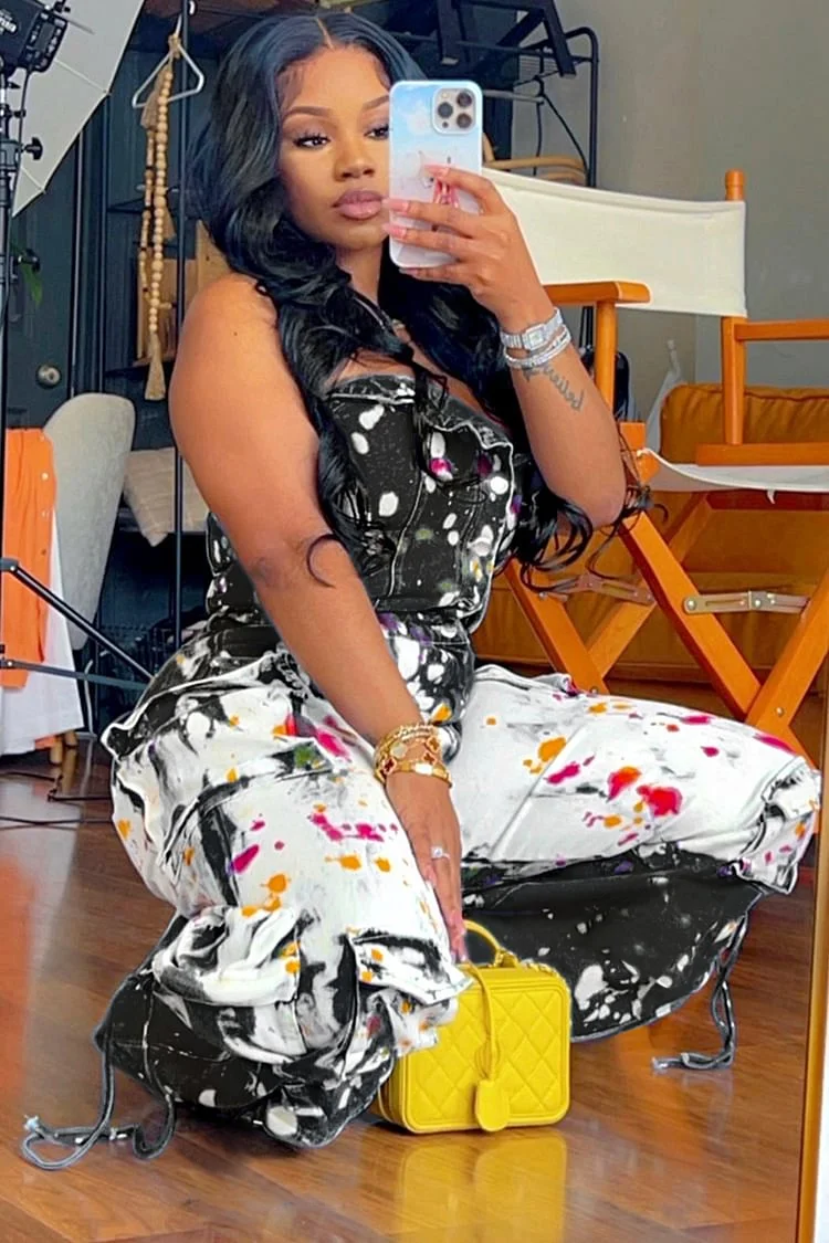 Denim Strapless Splash Ink Print Straight Leg Cargo Jumpsuit-Black