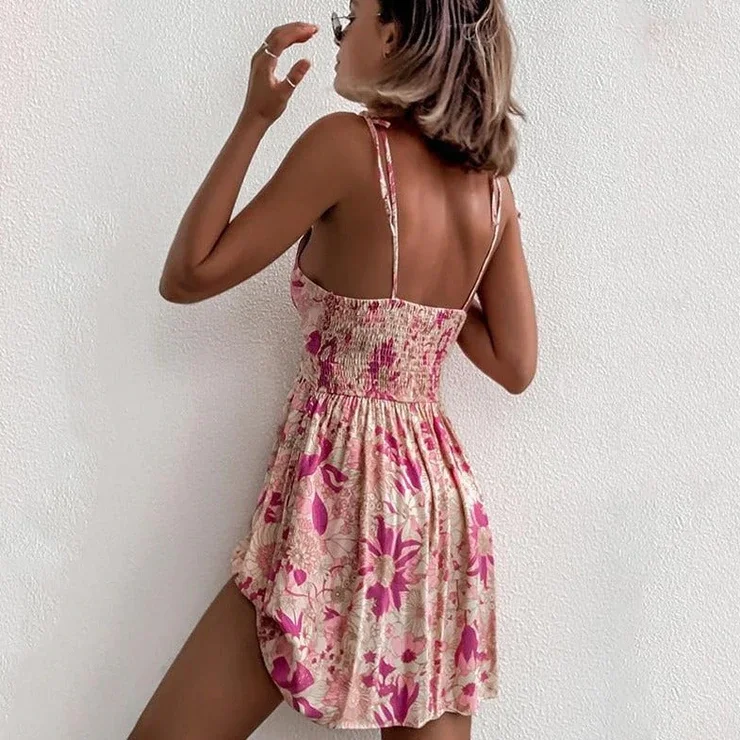 Women Spaghetti Strap Summer Bodycon Floral Pattern V-neck Backless Elegant Mini Dress