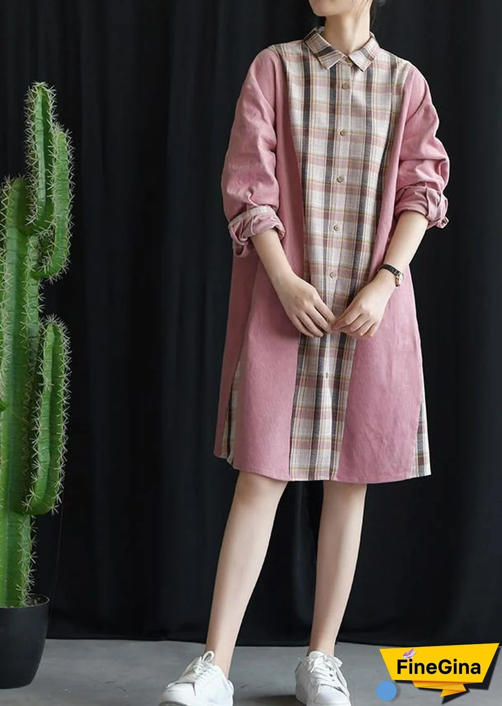 Style pink patchwork Plaid Cotton clothes lapel tie waist Plus Size fall Dresses