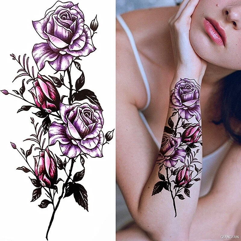 Black Sexy Flower Temporary Tattoos Sticker Arm Sleeve Rose Tree Skull Lion Bear Snake Henna Body Decorate Fake 3D Women Totem