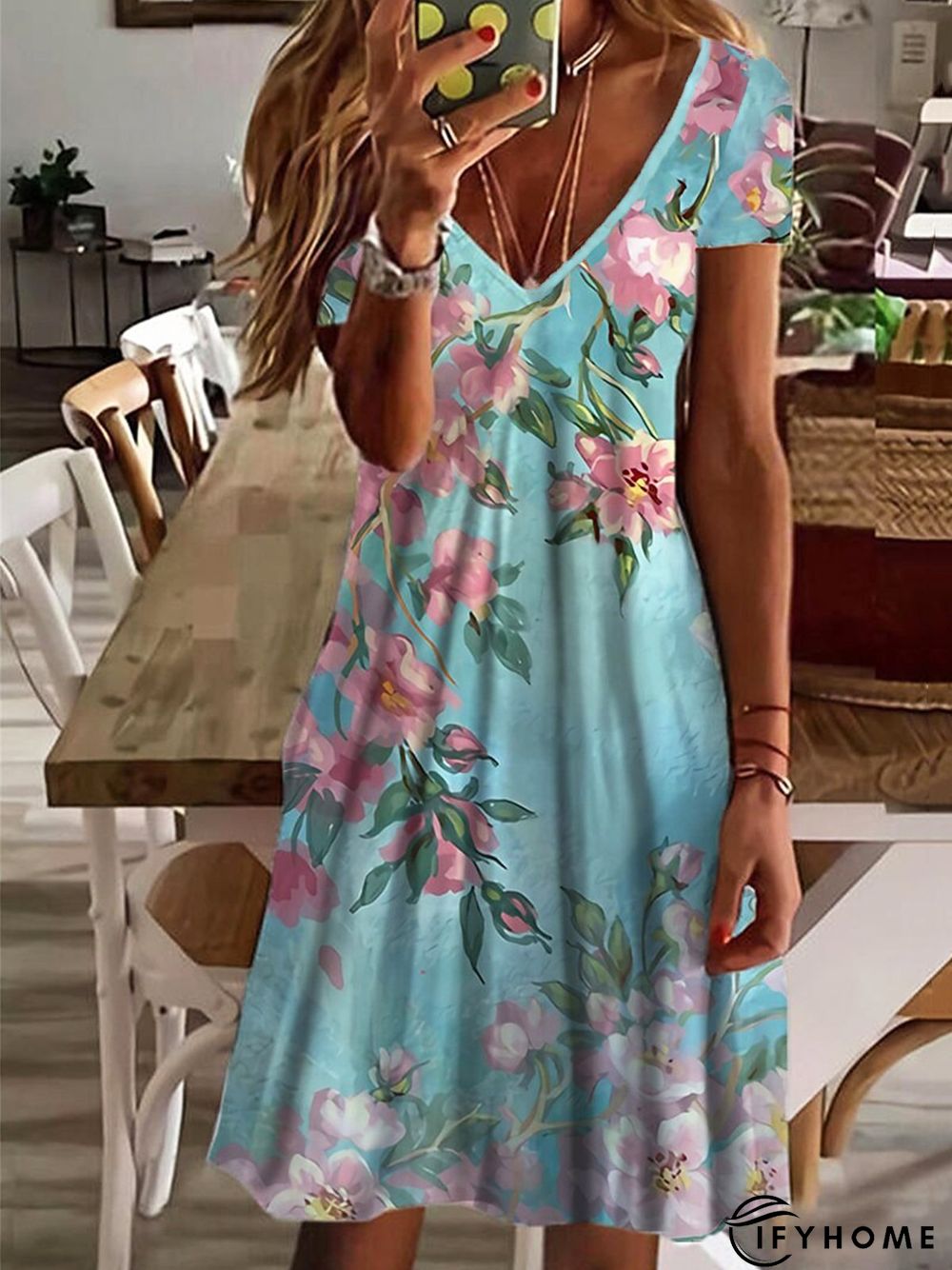 Floral Casual V Neck Short Sleeve A-line Dress | IFYHOME