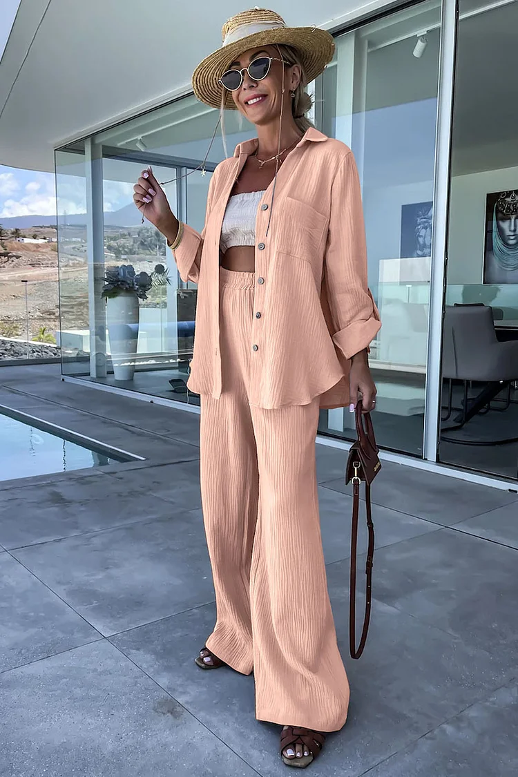 Plain Turndown Collar Long Sleeve Blouse Wide Leg Pants Matching Set