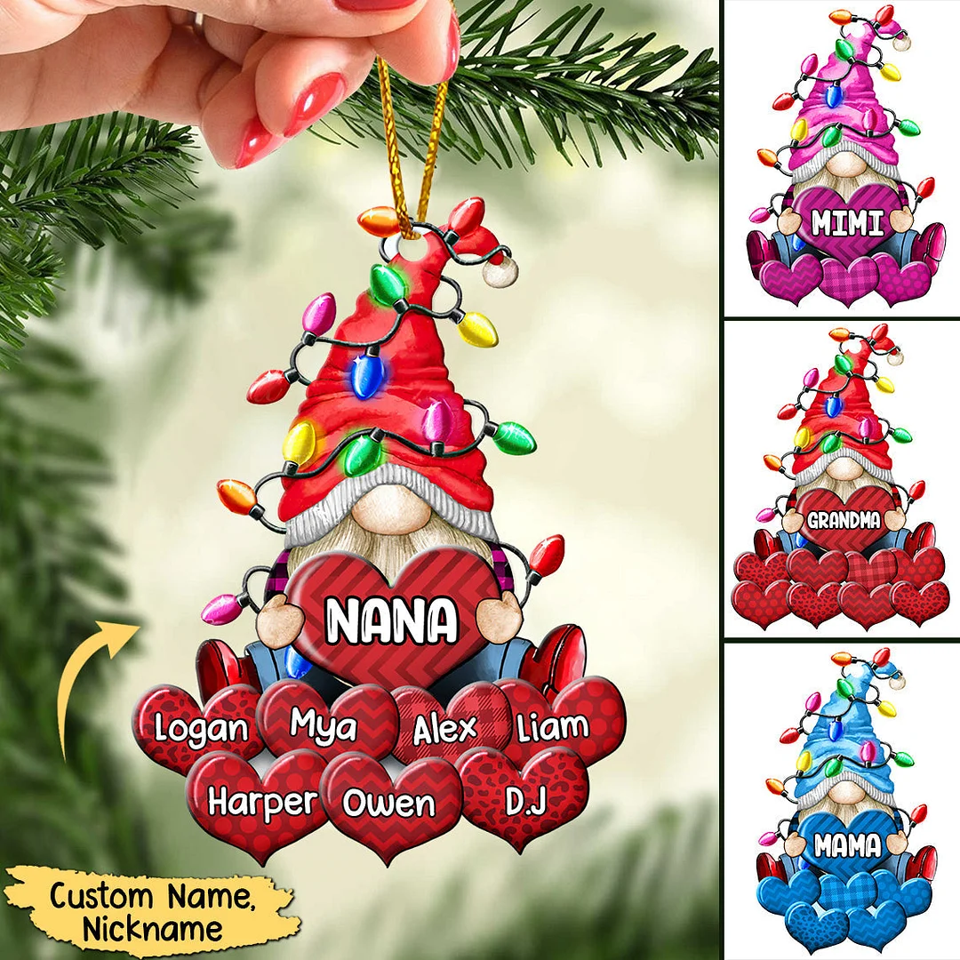 Colorful Christmas Light Gnome Grandma Loves Sweet Heart Kids, Gifts For Nana Auntie Mommy Personalized Acrylic Ornament