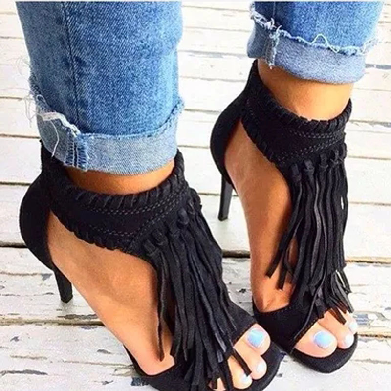 VCSHOES Ladies Long Fringe Covered Sandal Bottines Stiletto High Heels Sandals Ankle Boots Peep Toe Zip Dress Booties Shoes