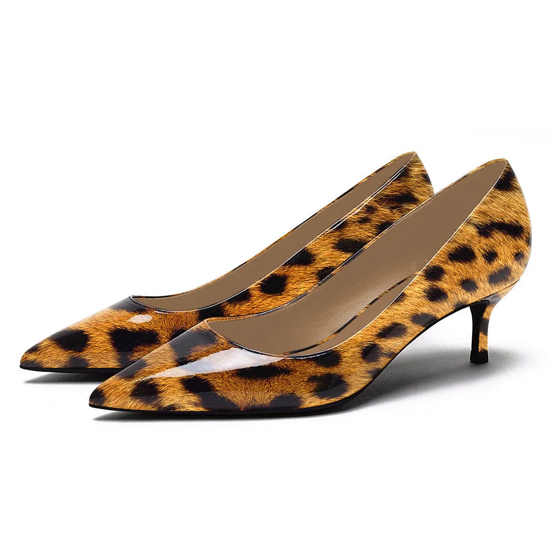 Patent Leather Leopard Print Pointed Toe Kitten Heel Pumps Shoes