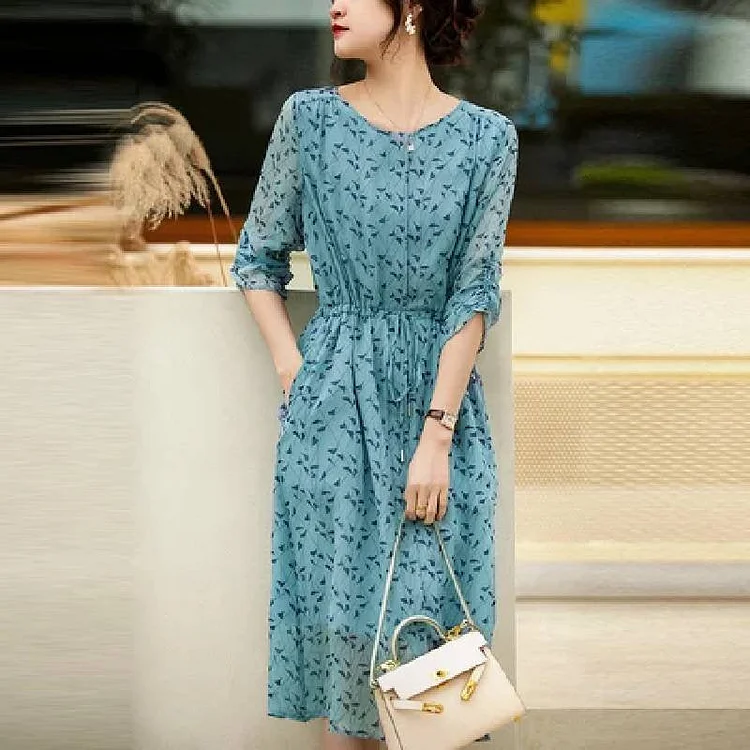 Gray-Blue 3/4 Sleeve A-Line Printed Dresses QueenFunky