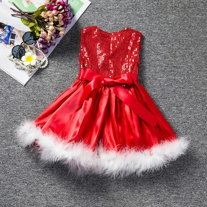Xmas Party Princess Dress For Girl Red Sequins Bow Christmas Vestido Natal Baby Girl Clothes Santa Claus Cosplay Costume For Kid