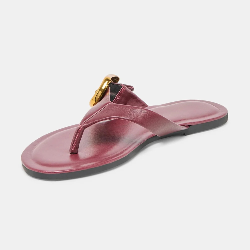 Casual Burgundy Open Round Toe Buckle Decor Flip Flops for Women