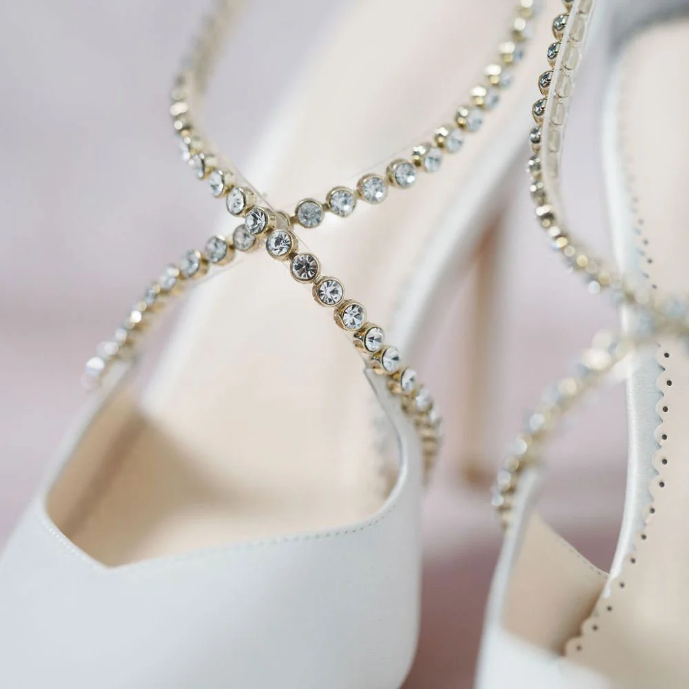 Elegant White Satin Pointed-Toe Cross Rhinestone Strap Wedding Heels