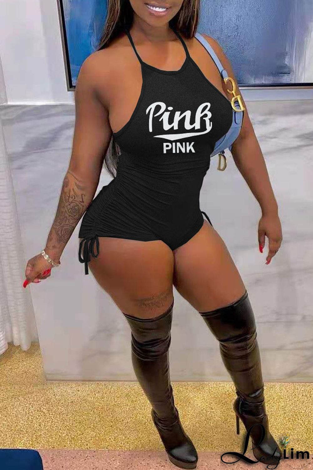 Sky Blue Fashion Casual Letter Print Backless Halter Skinny Romper