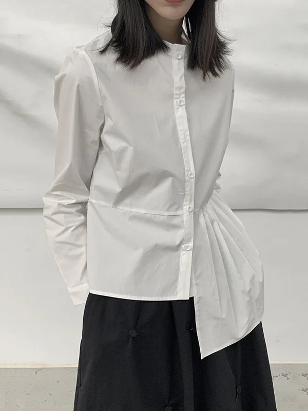Long Sleeves Asymmetric Buttoned Pleated Solid Color Round-Neck Blouses&Shirts Tops
