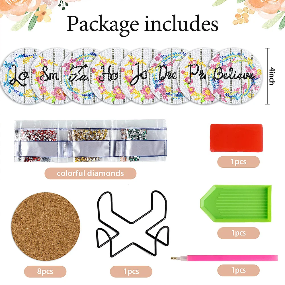 8pcs DIY English Letters Diamond Painting Coasters Kits Acrylic Full Drill Coaster Single Side Diamond