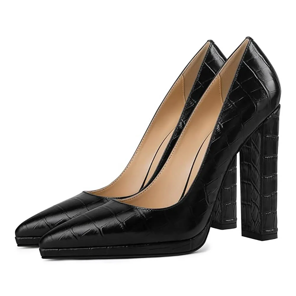 Chic Black Pointed Toe Chunky Heel Croc Embossed Pumps for Women