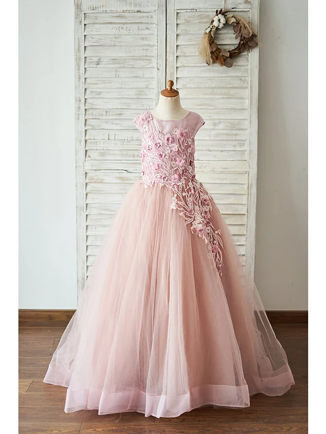 Hellodresses Sleeveless Jewel Ball Gown Floor Length Flower Girl Dresses Lace Tulle With Lace Pearls Flower