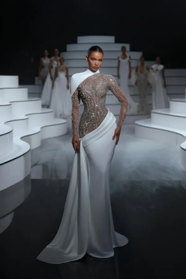 Lussooy White Stunning High Neck Long Sleeves Beaded Prom Dress with Train  