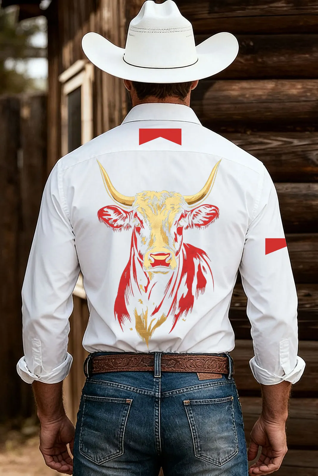 Western Bull Print Long Sleeve Shirt With Cowboy Hat Style