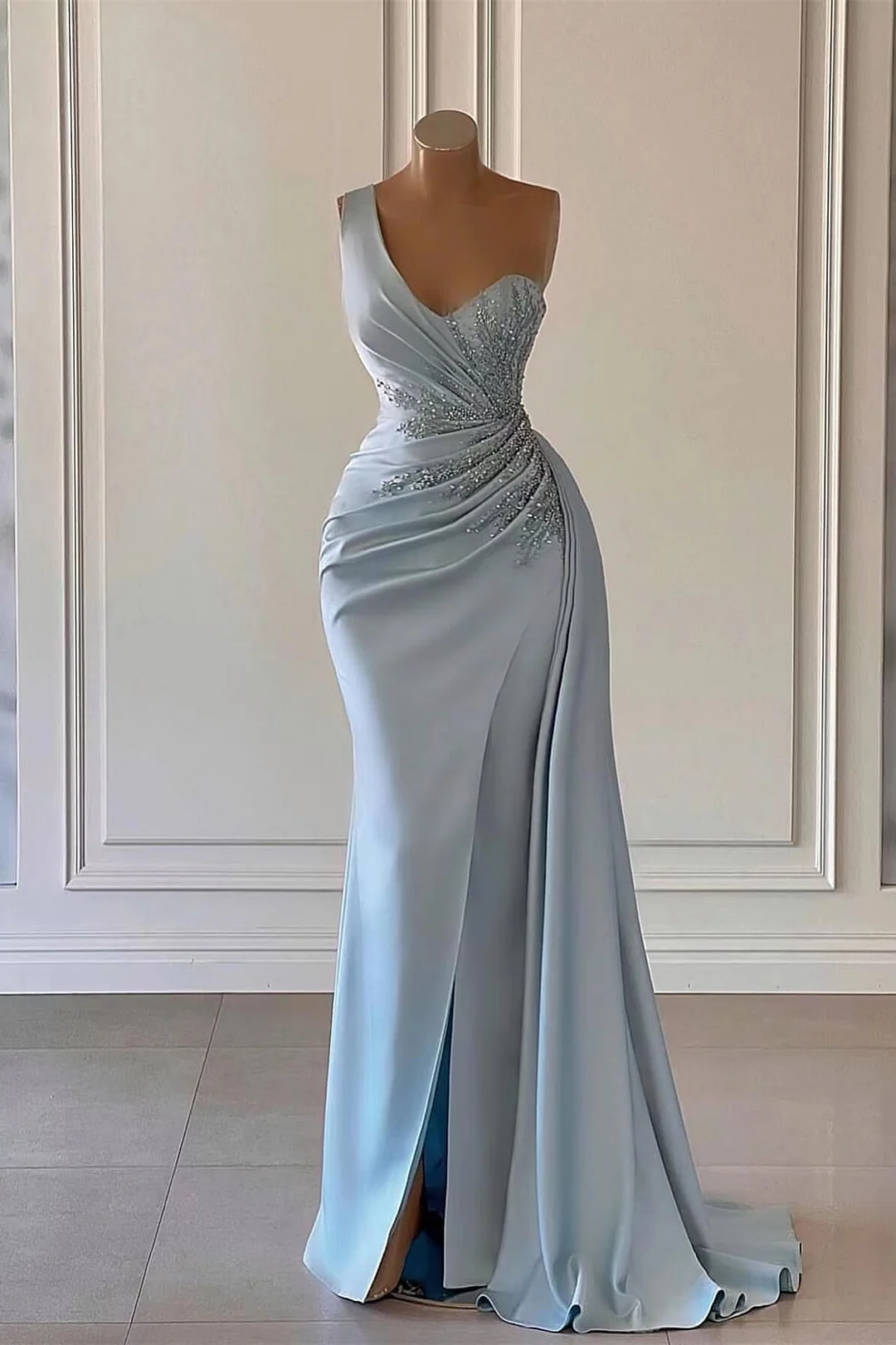 Daisda Sky Blue Luxury One-Shoulder Prom Dress Mermaid Split With Ruffles
