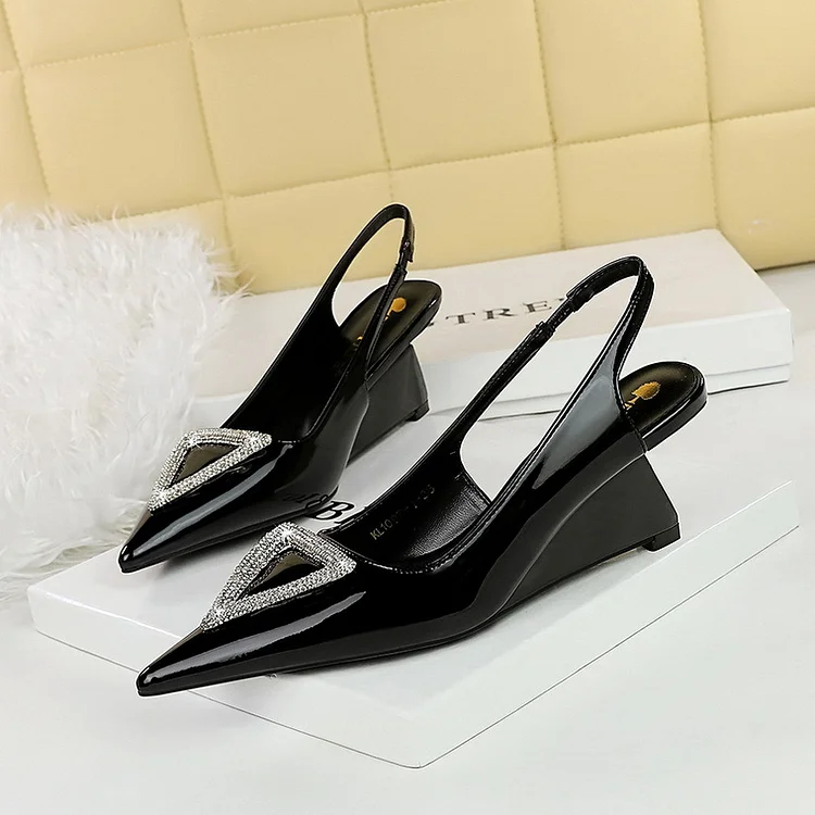 Bigtree shoes 1097-k36 banquet wedge women's shoes high heel low-cut hollow out back strap painted triangle metal rhinestone buckle pumps