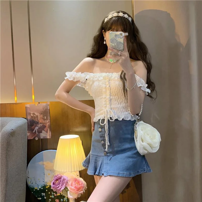 tlbang Women Slim Stylish Pure Crops Tops Femme Sexy Summer Korean Inside Street Basic Clothes All-match Casual Girlish Simple