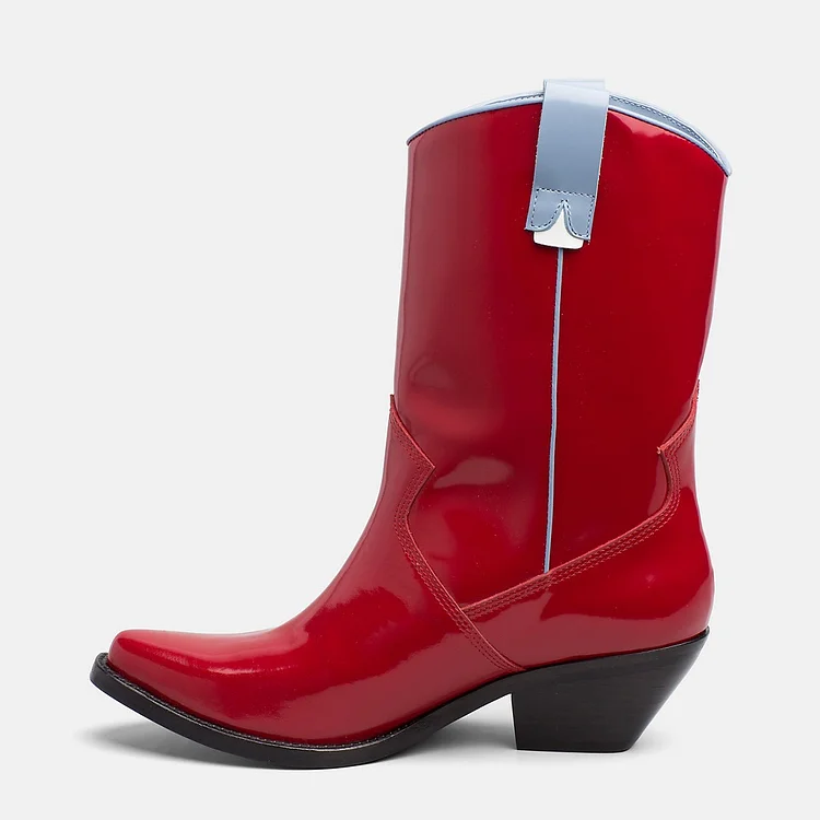 Red Western Boots Patent Leather Pointy Toe Chunky Heel Mid Calf Boots |FSJ Shoes