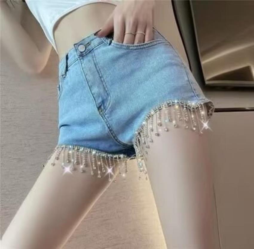 Bonusbad Summer Women Fashion High Waist Diamond Tassel Ripped Jeans Shorts Femme Y2k Casual Bottoms For Ladies Denim Shorts