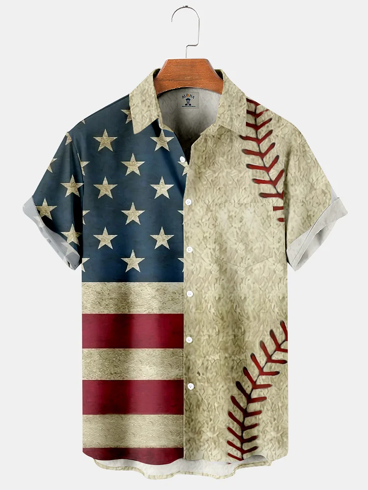 Men's Casual Vintage American Flag and Baseball Panel Print Short Sleeve Shirt