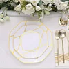 10 Pack | 8" White / Gold Geometric Design Plastic Dessert Plates, Disposable Octagon Salad/Appetizer Party Plates