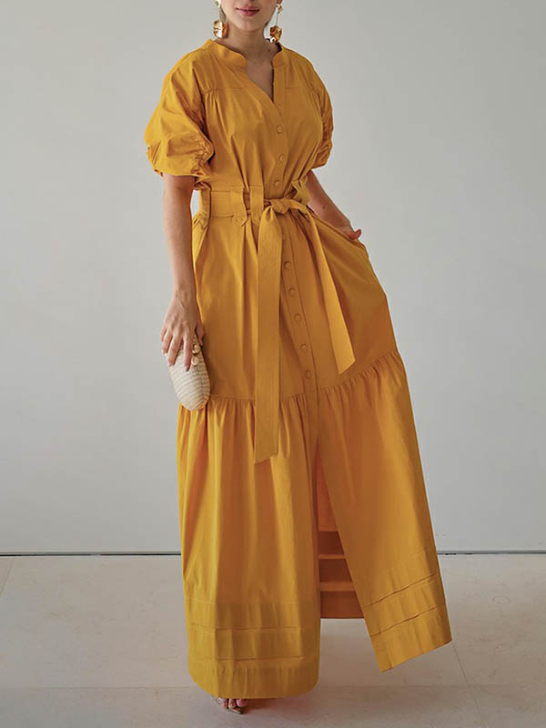 Loose Short Sleeves Buttoned Solid Color Tied Waist V-Neck Maxi Dresses Shirt Dress