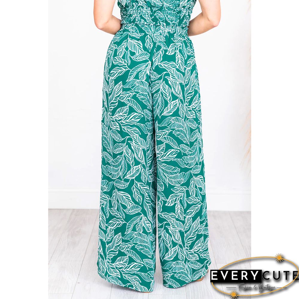 Green Leaf Print Crop Top with Wide Leg Pant Set