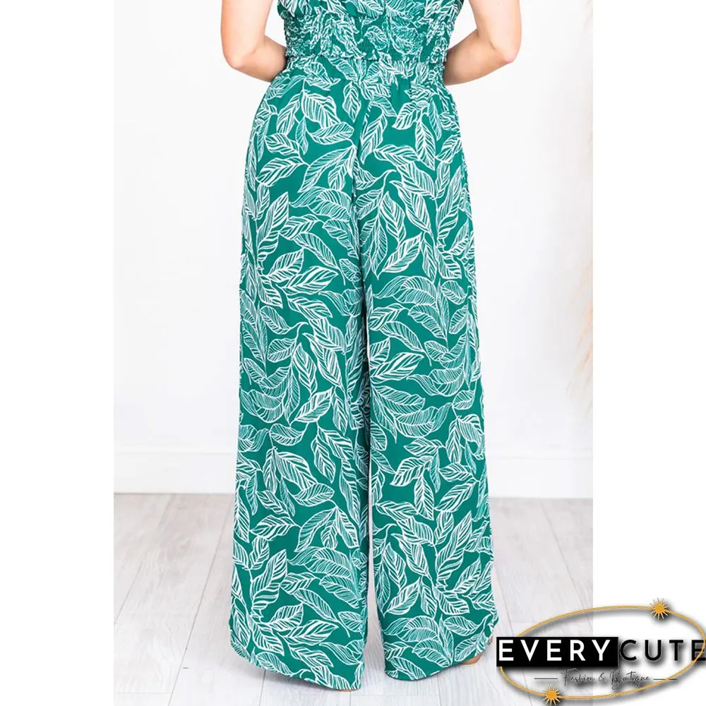 Green Leaf Print Crop Top with Wide Leg Pant Set