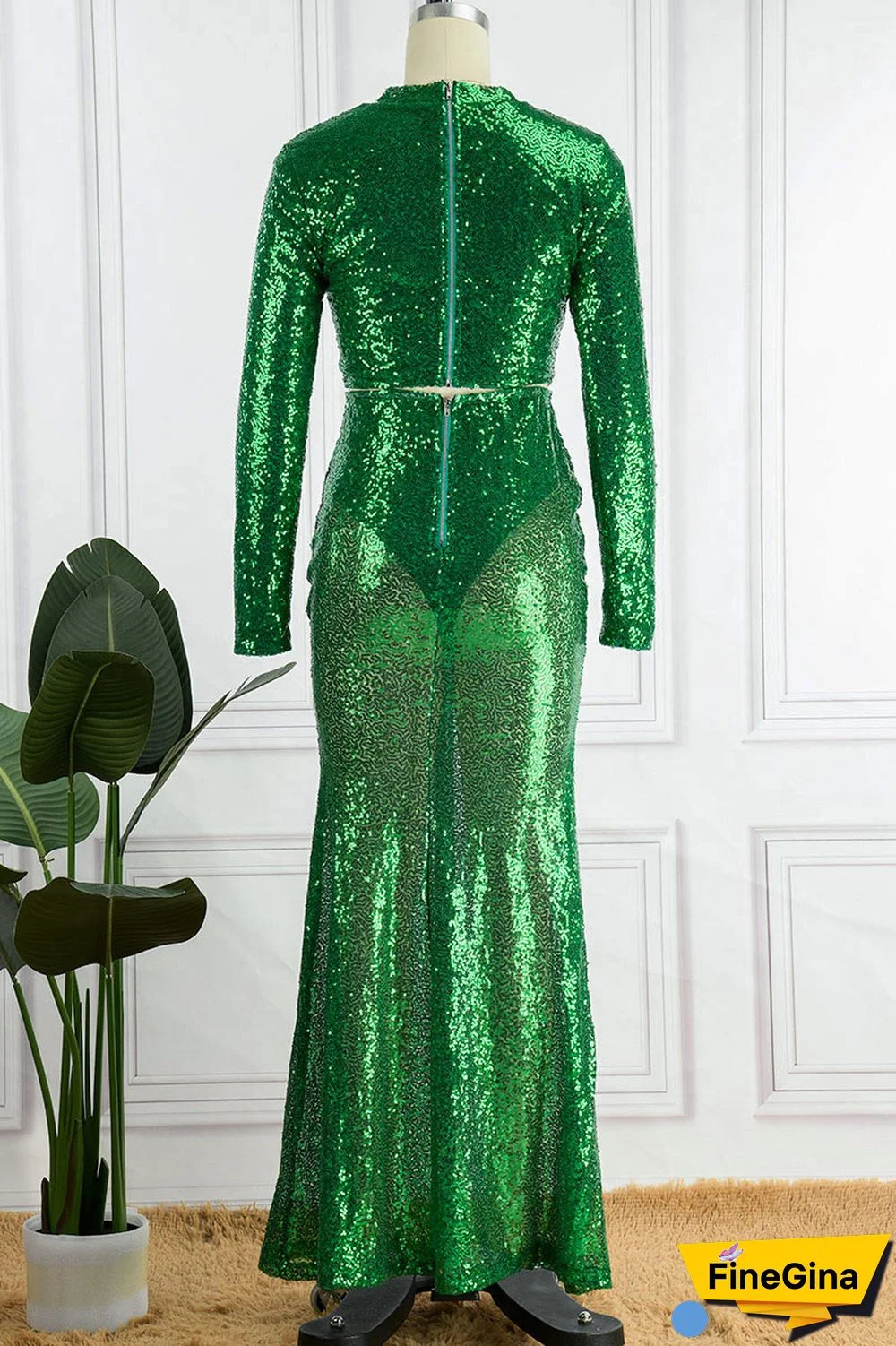 Champagne Sexy Solid Sequins Patchwork O Neck Long Sleeve Two Pieces