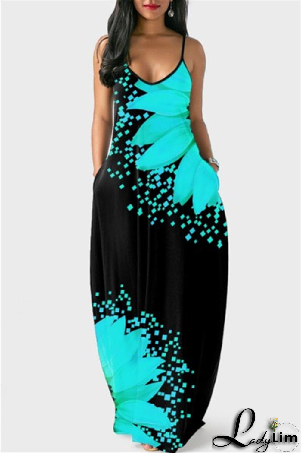 Yellow Fashion Sexy Print Backless Spaghetti Strap Long Dress