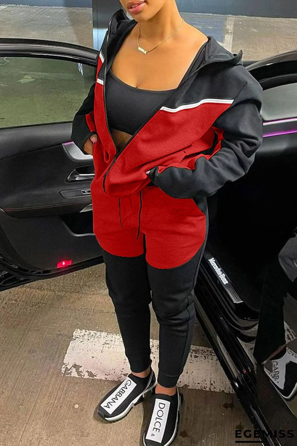 Black Red Casual Sportswear Solid Patchwork Zipper Hooded Collar Long Sleeve Two Pieces | EGEMISS