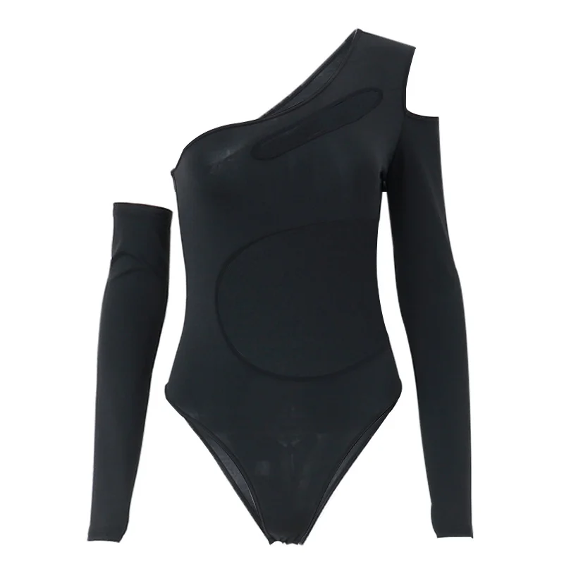 Uveng Uveng 2023 Women's Wear Inclined Rotator Cuff Sleeve Gauze Fashion Sexy Hot Girl Temperament Slim Onesie