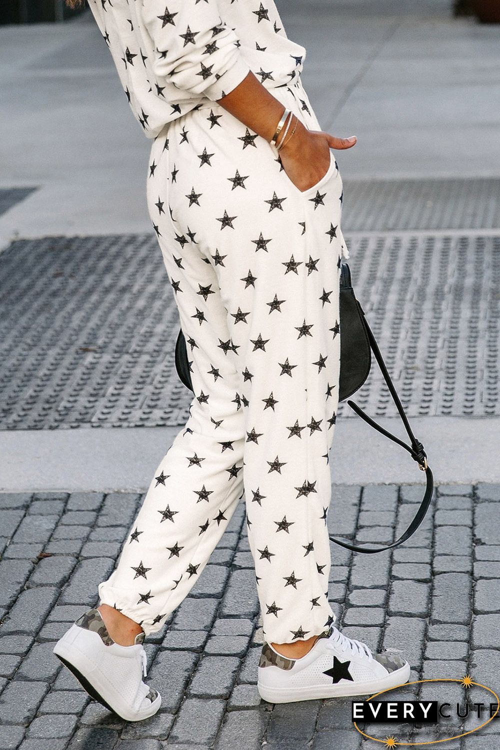 White Crew Neck Star Print Drawstring Loungewear Set with Pocket