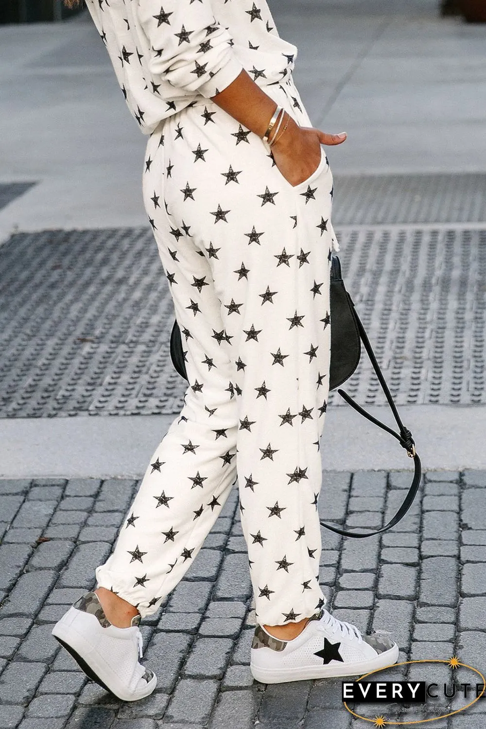 White Crew Neck Star Print Drawstring Loungewear Set with Pocket