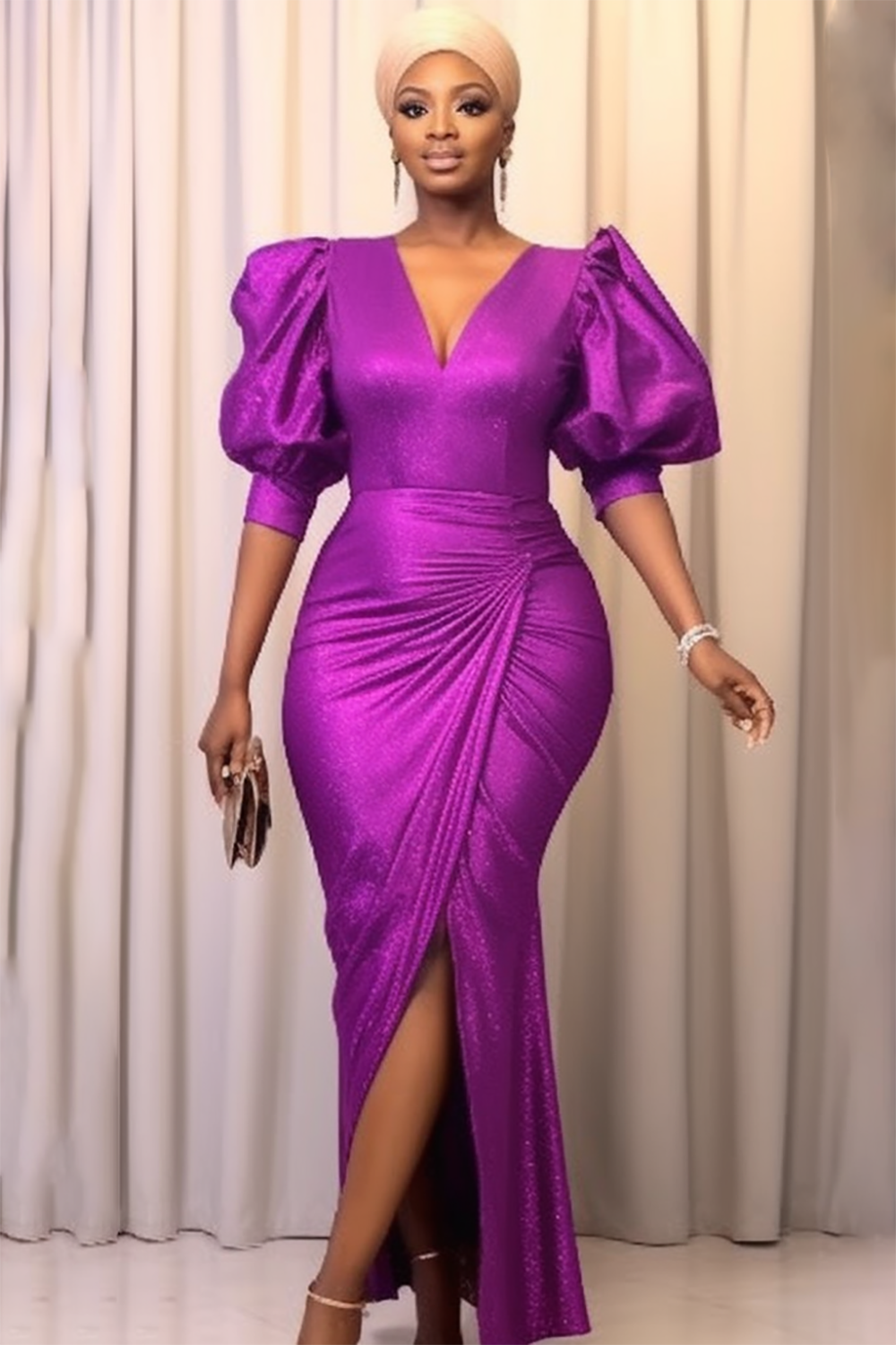 Design Plus Size Evening Maxi Dresses Elegant Purple Fall Winter V Neck Puff Sleeve Short Sleeve Crossover Hem Satin Maxi Dresses