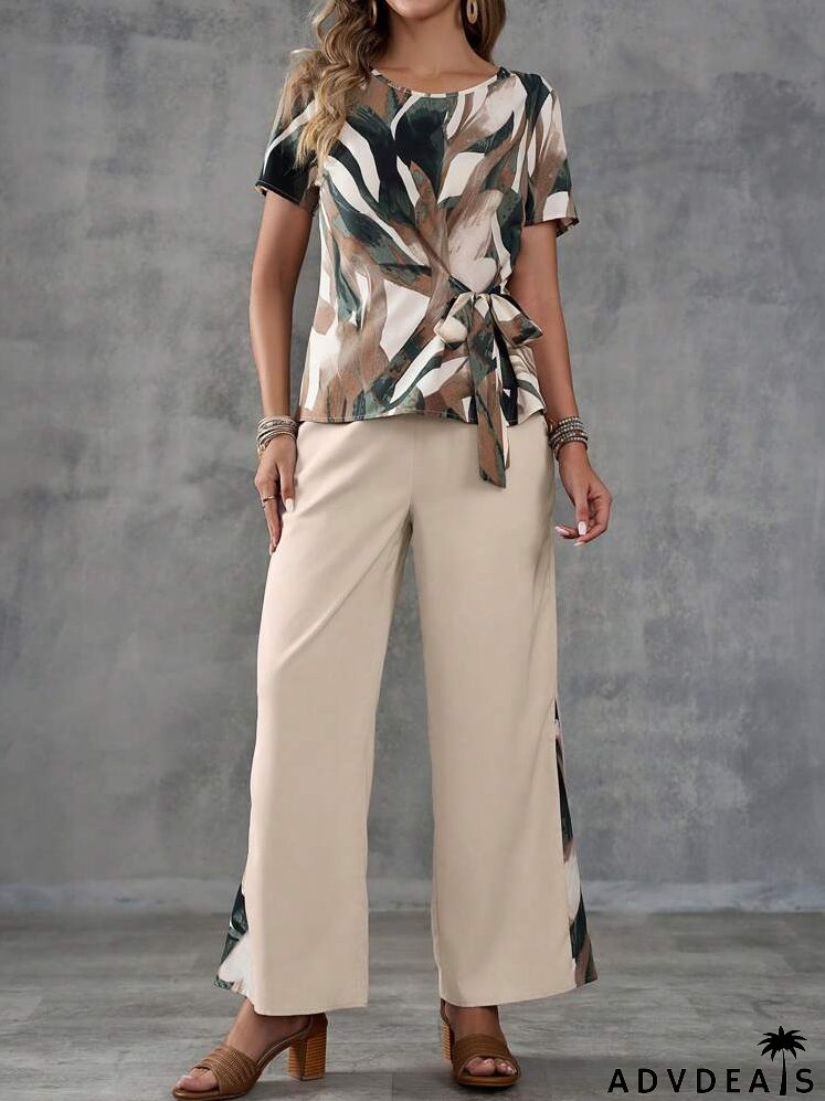 Ladies' Summer Vacation Casual Random Print Tie-Front Short Sleeve Shirt And Patchwork Long Pants Set