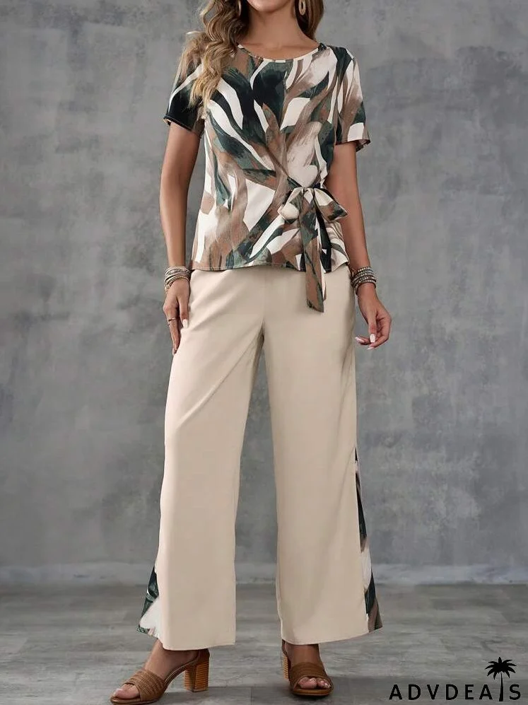 Ladies' Summer Vacation Casual Random Print Tie-Front Short Sleeve Shirt And Patchwork Long Pants Set